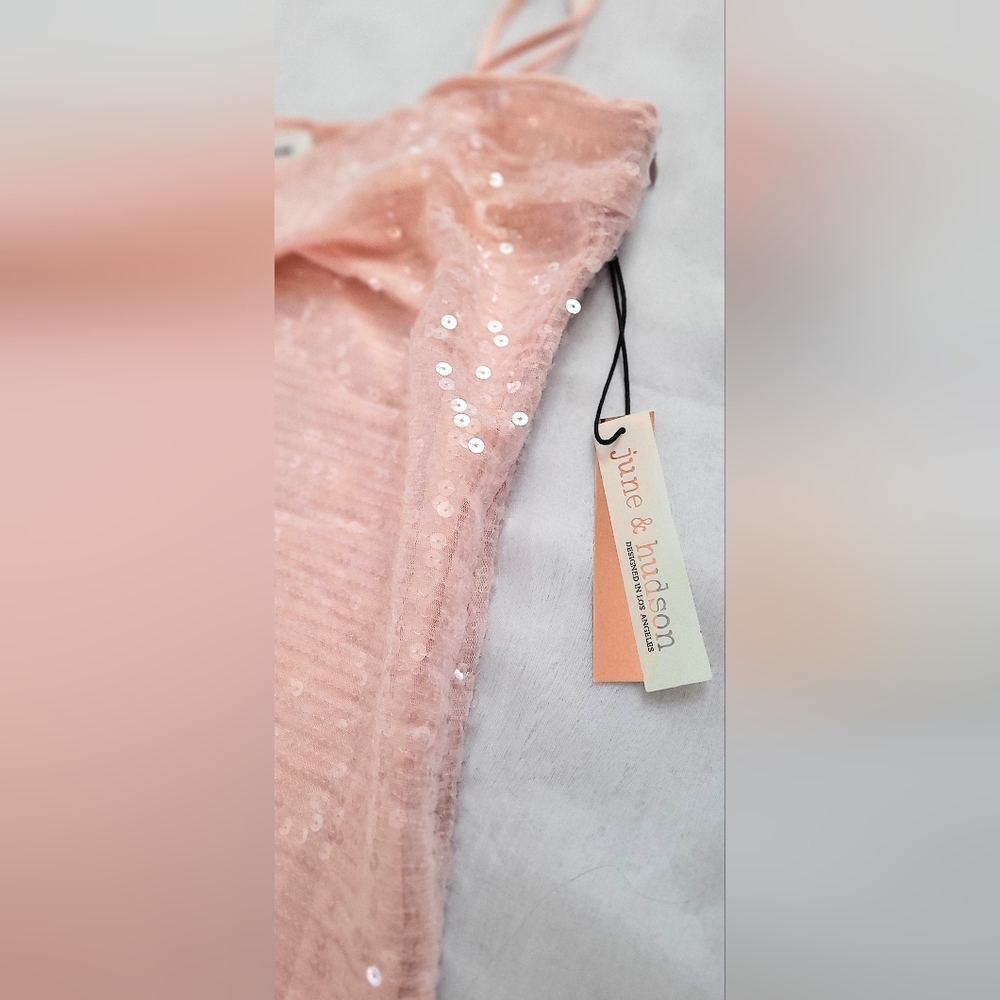 NWT!Chic June & Hudson Summer Sequin Square Neck Pink Luxe Women's Mini Dress XL - Picture 3 of 14